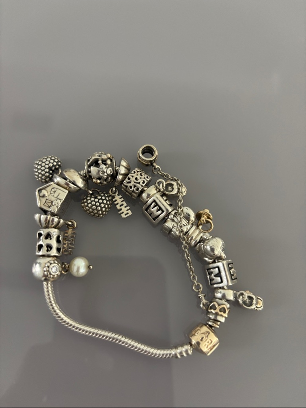 Pandora Sterling Silver Charm Bracelet with Pearl and Gold Accent Bead